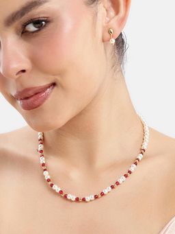 Estele - Adjustable Gold-Finish Pearl and Ruby Beads Party-Ready Jewellery Set