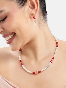 Estele - Adjustable Pearl and Ruby Beads Graceful Jewellery Set