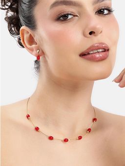 Estele - Adjustable Gold Finish Stylish Red Beads Trendy Jewellery Set