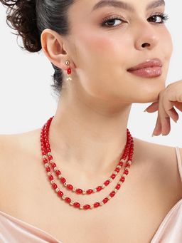 Estele - Adjustable Gold Plated Dual Layer Red Beads Statement Jewellery Set