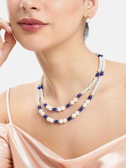 Estele - Adjustable Gold Finish Sleek Pearl and Blue Beads 2-Layer Jewellery Set
