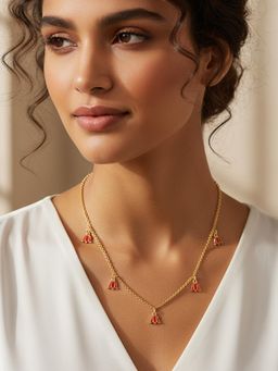Estele - Gold Plated Delicate Red Lotus Drop Charm Necklace