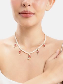 Estele - Pearl Beaded Red Lotus Drop Necklace with Gold Plating