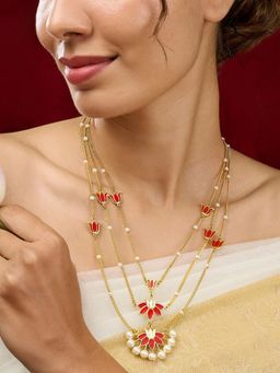 Estele - Stunning Gold Finish 3 Layer Red Lotus Pearl Necklace