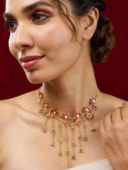 Estele - Graceful Gold Finish Red Lotus Drop Tassel Necklace