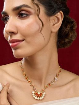 Estele - Stylish Gold Plated Red Lotus Necklace with Pearls