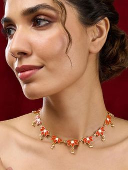 Estele - Elegant Gold Plated Red Lotus Necklace with Pearls