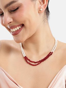 Estele - Adjustable Majestic Gold Finish White-Ruby Pearl Bead 2 Layer Jewellery Set