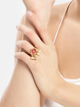 Estele - Adjustable Graceful Gold Plated Red Lotus Adjustable Ring with Pearls