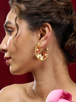 Estele - Stylish Half Hoop Red Lotus Earrings