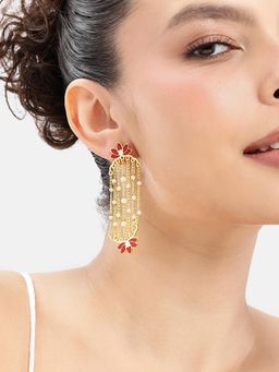 Estele - Gold Plated Red Lotus Multi-Chain Pearl Dangler Earrings