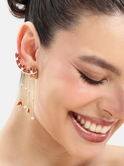 Estele - Sleek Red Lotus Multi-Chain Pearl Ear Cuffs