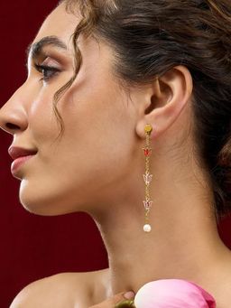 Estele - Chic Red Lotus Linear Pearl Dangler Earrings