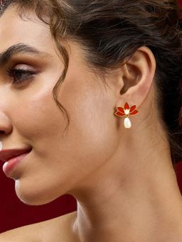 Estele - Fascinating Red Lotus Pearl Drop Earrings