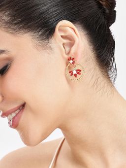 Estele - Captivating Gold Finish Red Lotus Spiral Drop Earrings