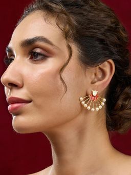 Estele - Fascinating Red Lotus Pearl Drop Earrings