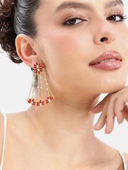 Estele - Glamorous Gold Finish Red Lotus Multi-Chain Dangler Earrings