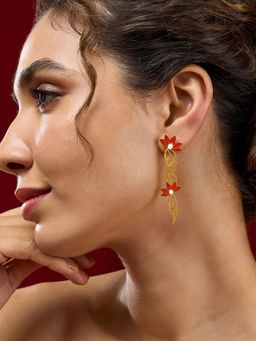 Estele - Captivating Gold Finish Red Lotus Vine Dangler Earrings