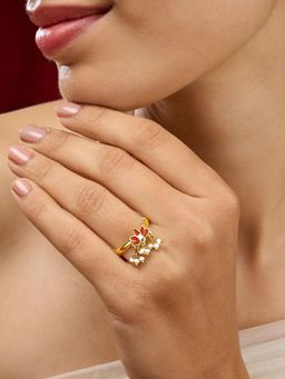 Estele - Adjustable Chic Gold Finish Red Lotus Adjustable Ring with Pearl Drops