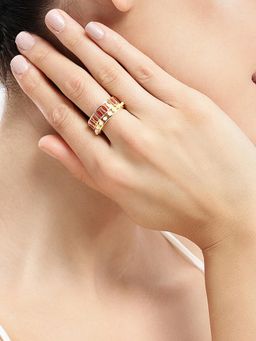 Estele - Adjustable Stylish Gold Finish Red Oval Adjustable Ring with Pearls