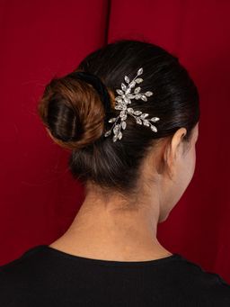 Niscka - Rhodium Plated Flower Design with Sparkling White Stone Hair Pins