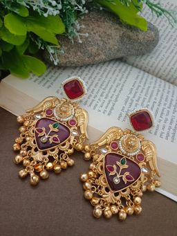 Sanjog - Gold Plated Pachi Kundan Kashmiri Ghungaroo Maroon Drop Earrings