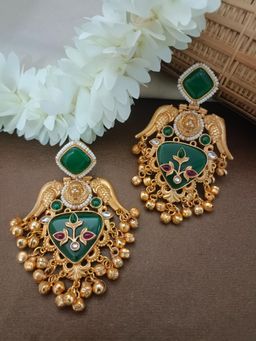 Sanjog - Gold Plated Pachi Kundan Kashmiri Ghungaroo Green Drop Earrings
