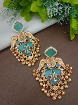 Sanjog - Gold Plated Pachi Kundan Kashmiri Ghungaroo Turquoise Drop Earrings