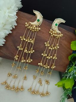 Sanjog - Gold Plated Pachi Kundan Kashmiri Ghungaroo Green Drop Earrings