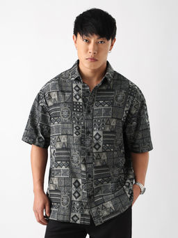 The Souled Store - Jacquard: Tribal Tale Grey Men Oversized Shirt