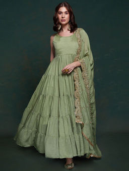Odette - Olive Solid Georgette Stitched Gown for Women (Set of 2)
