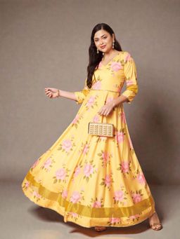 Ahalyaa - Women Yellow Floral Printed Maxi Dress