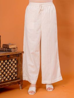 ARAMYA - Women Off White Linen Cotton Solid Palazzo
