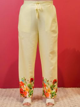 ARAMYA - Women Beige Linen Cotton Placement Floral Printed Pant