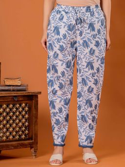 ARAMYA - Women Blue Linen Cotton Floral Printed Pant