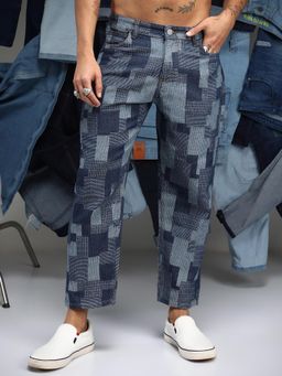 Campus Sutra - Mens Navy Blue Blocked Straight-Fit Denim Jeans