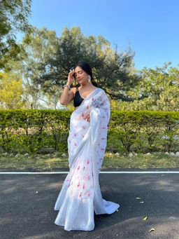 Odette - White Organza Embroidered Saree with Unstitched Blouse