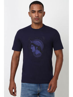 Peter England - Men Navy Blue Embroidered Round Crew Neck Round Neck T-Shirt