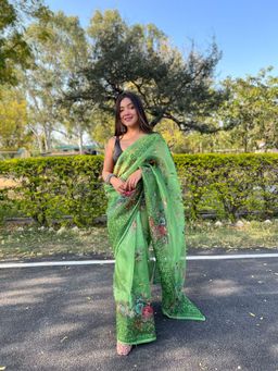 Odette - Green Organza Silk Saree with Unstitched Blouse