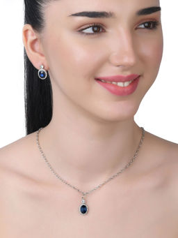 Lilly & Sparkle - Silver Toned Chain with Oval Blue Stone Pendant and Stud Earrings (Set of 2)