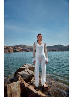 PUNEET KAPOOR LABEL - White Rhinestone Fur Jumpsuit