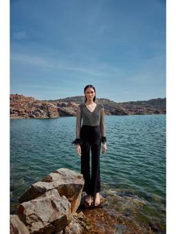 PUNEET KAPOOR LABEL - Black Rhinestone Fur Jumpsuit
