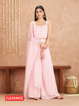 Gajra Gang - Amaira Pink Checks Silver Sequin Strappy Top Palazzo Dupatta GGSKD39 (Set of 3)