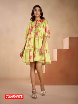 Gajra Gang - Golabar green Shibori Printed Tiered Dress GGDRS23