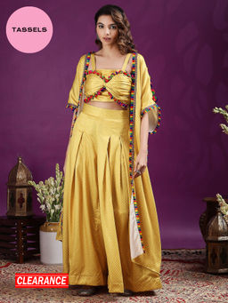Gajra Gang - A Tasseled Affair Mustard Bandhani Co-ord Set & Shrug GGSKD86 (Set of 3)