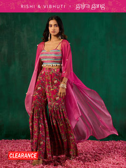 Gajra Gang - Rishi Vibhuti Pink Printed Top, Sharara & Jacket Co-ord Set (Set of 3) GGRVSKD01