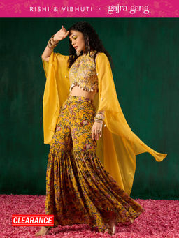 Gajra Gang - Rishi Vibhuti Yellow Printed Top, Sharara & Jacket Co-ord Set (Set of 3) GGRVSKD02