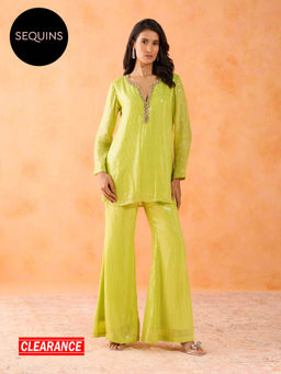 Gajra Gang - Pixie Dust Lime Clear Sequins Georgette Crystal Detail Kurta with Pant (Set of 2) GGPDSKD01