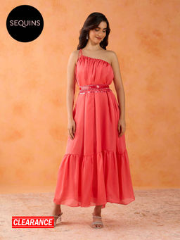 Gajra Gang - Haldi Pop Coral Satin Georgette One Shoulder Dress with Beaded Belt (Set of 2) GGHPDRS01