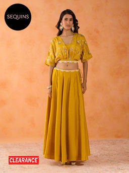 Gajra Gang - A Pickled Jar Yellow Embellished Blouson and Lehenga (Set of 3) GGPJLEH01